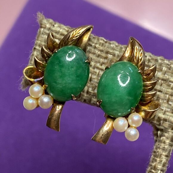💛 Vintage 14k Yellow Gold 10.43ct Jade & White Pearl Clip On Earrings - Picture 2 of 7